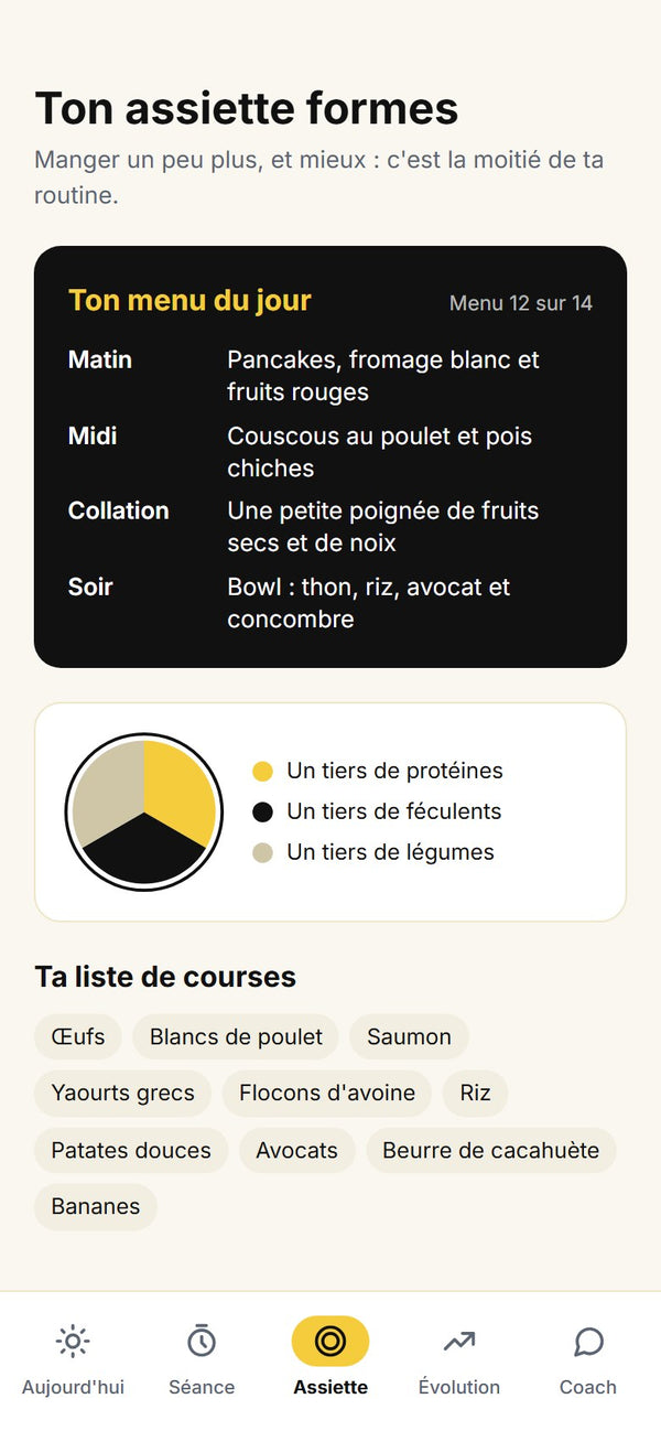Écran Assiette : ton menu du jour et ta liste de courses