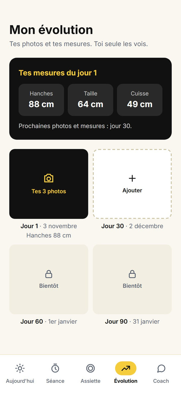 Écran Évolution : tes photos et tes mesures aux jours 1, 30, 60 et 90