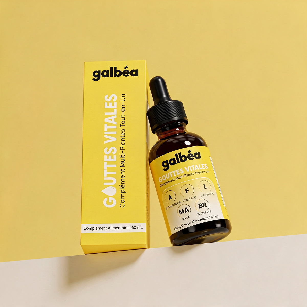 Flacon et boîte Galbéa sur fond jaune